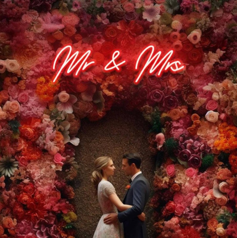 Mr & Mrs ნეონი ყვავილებიან კედელზე